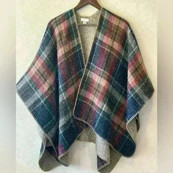 Plaid Women’s Shawl One Size Tartan Plaid Poncho Open Front Winter Blanket Boho - Picture 1 of 9